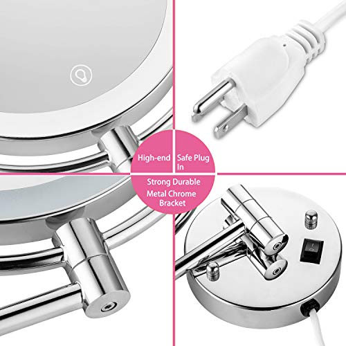 Wall Mounted Lighted Makeup Mirror, 8 Inch Double-Sided 1X 5X Magnifying Mirror for Bathroom, 11'' Extendable Arm, 360° Swivel, Touch DimmableLED Lights, Powered by Plug in, Chrome