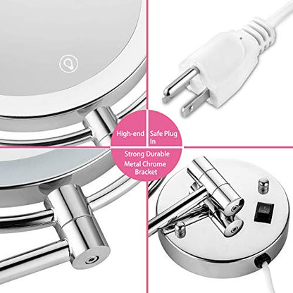 Wall Mounted Lighted Makeup Mirror, 8 Inch Double-Sided 1X 5X Magnifying Mirror for Bathroom, 11'' Extendable Arm, 360° Swivel, Touch DimmableLED Lights, Powered by Plug in, Chrome