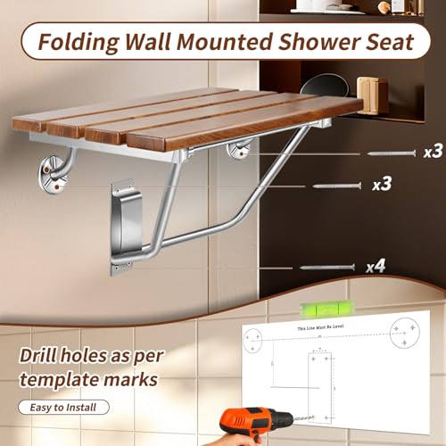 𝙐𝙥𝙜𝙧𝙖𝙙𝙚 24 Inch Teak Folding Shower Seat Wall Mounted, 550 Lbs Capacity Sturdy Shower Bench with 316 Stainless Steel Frame & Finish Caps, Narrow Bathroom Space Saving Teak Wood Shower Chair - size: 24 inch
