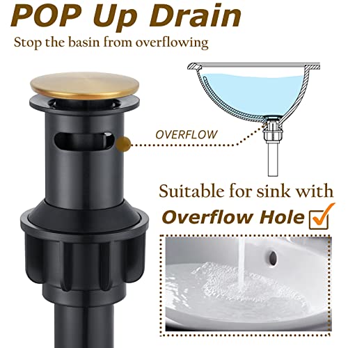 Roman Bathroom Sink Faucet 3 Holes Brushed Gold 2 Handle Widespread 8 inch Deck Mount Installation with Overflow Pop Up Drain Assembly and Water Supply Lines - color: Brushed Gold, style: 3 Hole Deck Mount