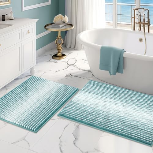 Bathroom Rugs and Mats Sets, 2 Piece Thick Absorbent Chenille Bath Mat Rug Set Non Slip, Soft Shaggy Bath Room Floor Mats for Bathroom, Machine Washable (Aqua Green, 20" x 32" Plus 16" x 24") - color: Aqua Green, size: 20" x 32" Plus 16" x 24"