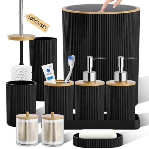 10PC Bathroom Accessories Set - Black and Wooden Bathroom Sets, Bathroom Accessory Set with Pop Up Trash Can, Toilet Brush, Trash Can, Qtip Holder & Soap Dispenser - color: Black & Wood, size: Bath Set