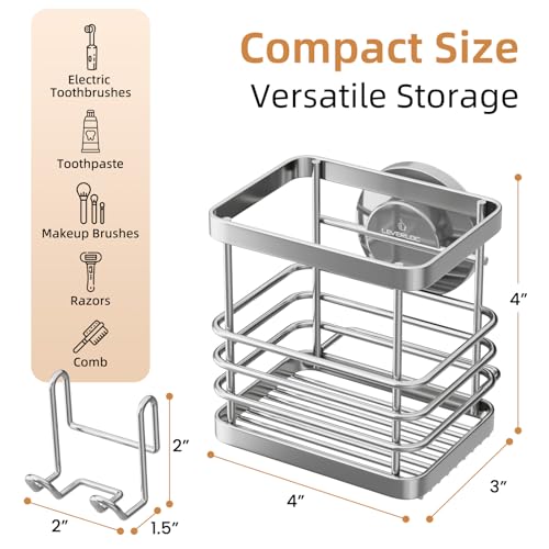 Powerful Suction Cup Stainless Steel Toothbrush Holders, Silver | Removable Shower Tooth brush and Toothpaste Holder, Strong Suction Up to 11lbs, Anti-Puddling ,No Drill Bathroom Organizer - color: Silver