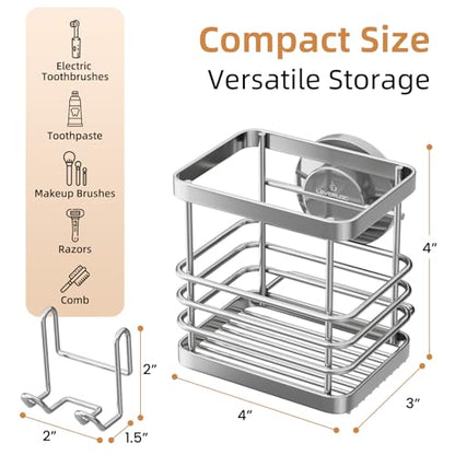 Powerful Suction Cup Stainless Steel Toothbrush Holders, Silver | Removable Shower Tooth brush and Toothpaste Holder, Strong Suction Up to 11lbs, Anti-Puddling ,No Drill Bathroom Organizer - color: Silver