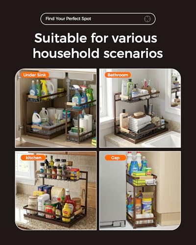 3-Pack 2-Tier Height Adjustable Under Sink Organizer, Brown | Multi-purpose metal storage shelf with sliding shelves for kitchen, bathroom, pantry & laundry cabinet - color: Brown