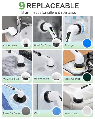 Cordless Electric Spin Scrubber, 9 Brush Heads, 2-Speed Motor | Floor cleaning, bathroom scrubber, tile floor scrubber, extension arm, IPX7 waterproof, tub, sink, grout, wet- dry vacuum - size: 9heads