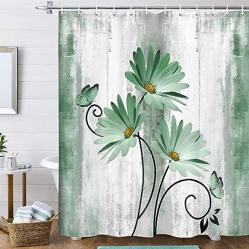 Rustic Farmhouse Shower Curtain, Farm Sage Green Daisy Floral Flowers and Butterfly on Country Wooden Shower Curtain for Bathroom, Turquoise Teal Gray Grey Shower Curtain with 12PCS Hooks, 70X70IN - color: Green, size: 70"W x 70"L (Pack of 1)