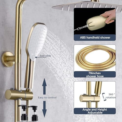 SonTiy Rain Shower Head with Handheld Spray and Shower Shelf Caddy, 12Inch Shower Head System with Height Adjustable Holder Compelete Shower Set, Brushed Gold - color: Brushed Gold, style: 1.8 Gallons Per Minute-Square