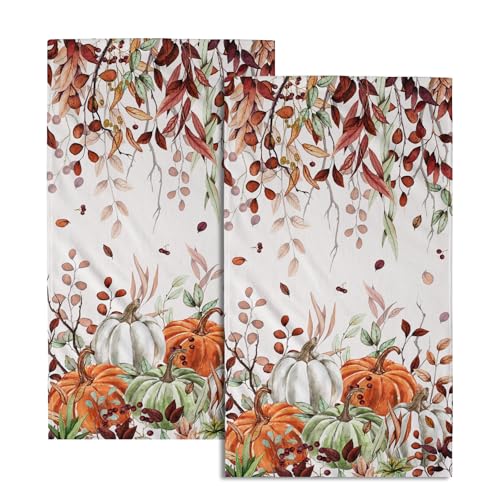 Giwawa Fall Hand Towel Set of 2, Autumn Leaf Green Orange Pumpkins Seasonal Decorative Towels, Colorful Harvest Thanksgiving Face Fingertip Towel Dish Wash Cloth for Bathroom Hotel Gym Home - color: Fall Pumpkin Green