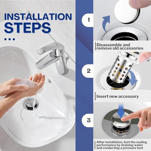 Universal Bathroom Sink Drain Strainer, Pop Up Sink Stopper Replacement, Stainless Steel Hair Catcher Drain Plug for Bathroom Sink,1 Pcs (Silver, Round Hole)