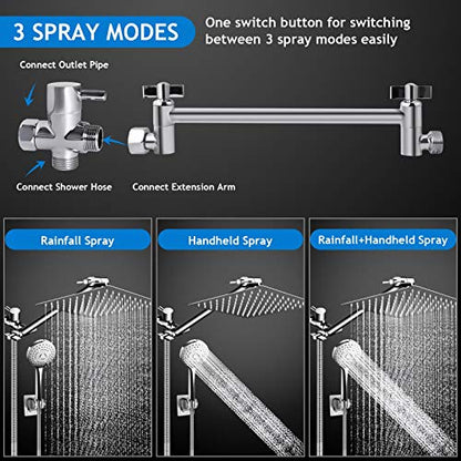 Shower Head Combo,10" High Pressure with 11" Extension Arm 5 Spray Handheld | Rain Shower Head with Handheld Shower Head Combo,Powerful Shower Spray Against Low Pressure Water with Long Hose - color: Chrome, size: 10" Showerhead Set