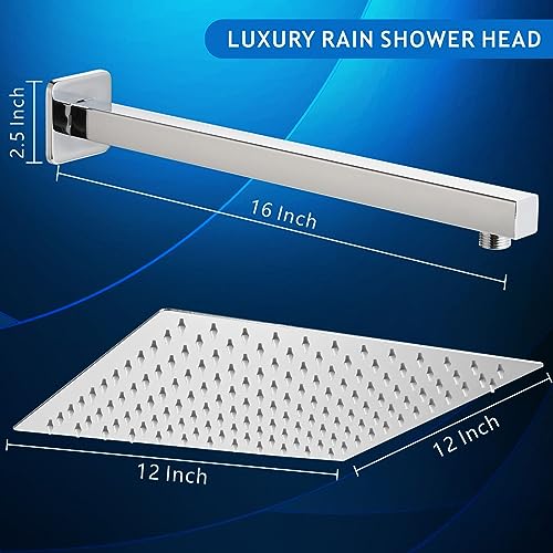 Voolan All Metal Shower Head with Extension Arm, Stainless Steel Waterfall Rainfall Showerheads, High Flow Bathroom Square Rain Shower Head (12’’ Shower Head with 16’’ Shower Arm, Chrome) - color: Chrome, size: 12’’ Shower Head with 16’’ Shower Arm