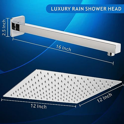 Voolan All Metal Shower Head with Extension Arm, Stainless Steel Waterfall Rainfall Showerheads, High Flow Bathroom Square Rain Shower Head (12’’ Shower Head with 16’’ Shower Arm, Chrome) - color: Chrome, size: 12’’ Shower Head with 16’’ Shower Arm