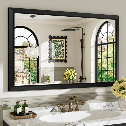 48x30 Inch Black Bathroom Mirror for Wall, Beveled Framed Rectangle Bathroom Vanity Mirrors for Over Sink, Bedroom, Living Room, Entryway, Anti-Rust, HD Tempered Glass, Horizontally/Vertically - size: 48"L x 30"W
