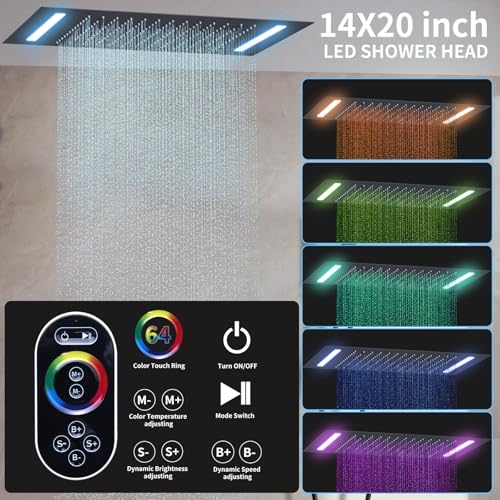 Shower Faucet Set Ceiling 20x14 inch LED Shower Head, Temperature Display Thermostatic Shower Valve, and Two 8-inch Wall Mounted Shower Heads Handheld Combination (Matte Black) - color: Matte Black