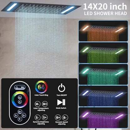 Shower Faucet Set Ceiling 20x14 inch LED Shower Head, Temperature Display Thermostatic Shower Valve, and Two 8-inch Wall Mounted Shower Heads Handheld Combination (Matte Black) - color: Matte Black