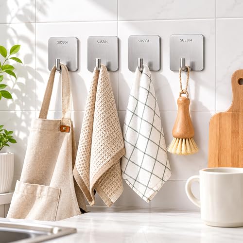 4 Pcs Self Adhesive Towel Hooks, Stainless Steel Sticky Wall Hooks for Hanging, Waterproof Shower Hook for Robe/Clothes, No Drilling Towel Hangers for Bathroom Kitchen Bedroom Office