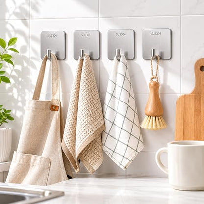 4 Pcs Self Adhesive Towel Hooks, Stainless Steel Sticky Wall Hooks for Hanging, Waterproof Shower Hook for Robe/Clothes, No Drilling Towel Hangers for Bathroom Kitchen Bedroom Office