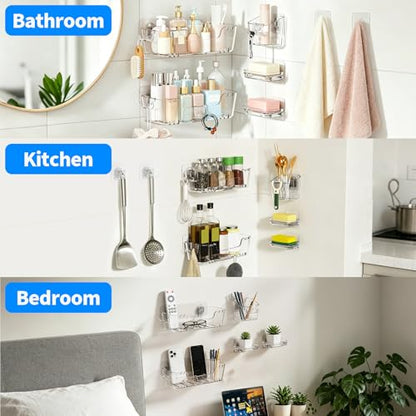 CGBE 5-Pack Adhesive Shower Caddy Set, No-Drill Bathroom Shelves | Rustproof Clear PET Wall Shelf with Open-Bottom Drainage, Hooks & Extra Adhesive Pads for Tile, Glass and Metal Surfaces