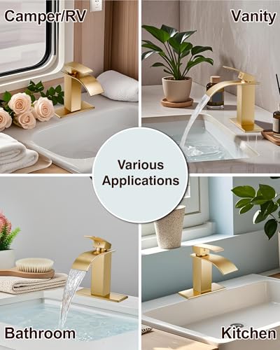 Midanya Waterfall Bathroom Faucet 1 Hole,Brushed Gold | with 24” Hoses,Pop Up Drain,6” Deck Plate,for 1 or 3 Hole Vanity,Lavatory,RV,Single Handle Bathroom Sink Faucet,NSF Certified - color: Light Gold
