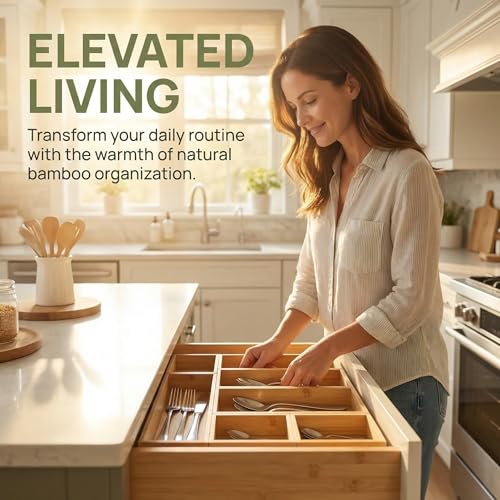 Bamboo Drawer Organizer,Fits Kitchens,Bathrooms,Desk,Utensil,Makeup,Removable Dividers (Natural, M) - size: M