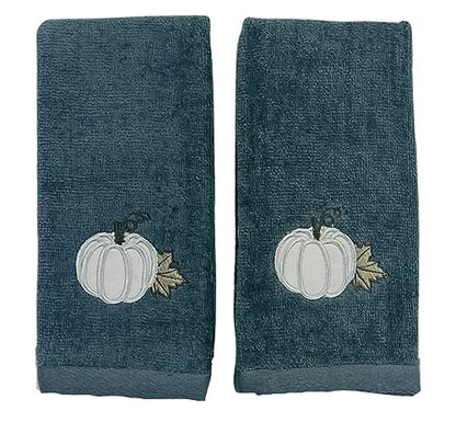 Serafina Home Fall Harvest Fingertip Towels: Embroidered Applique Light Grey Pumpkin on Gray Design, Plush Soft 100% Terry Loop Cotton, Set of 2, 12 x 18 Inches - color: Grey