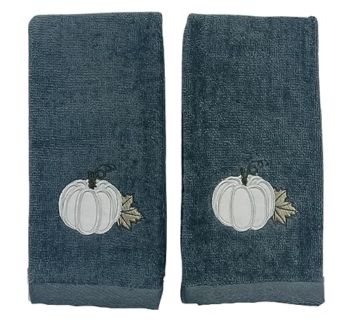 Serafina Home Fall Harvest Fingertip Towels: Embroidered Applique Light Grey Pumpkin on Gray Design, Plush Soft 100% Terry Loop Cotton, Set of 2, 12 x 18 Inches - color: Grey