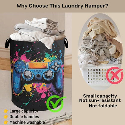 Laundry Basket, Dirty Clothes Basket, Gamers Controller Foldable Canvas Laundry Hamper with Handles - Toy Organizer, Heavy Duty for Home, Bedroom, Dorm, Bathroom - color: Gamers Controller