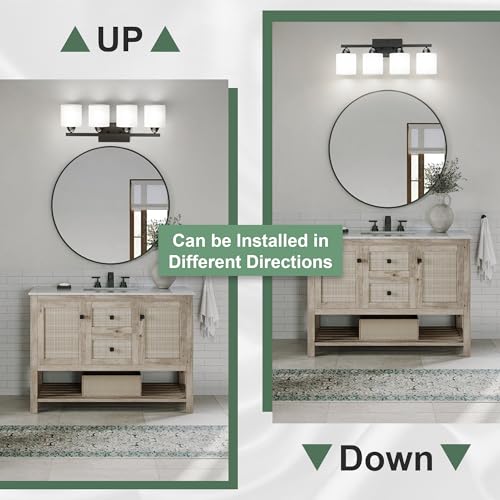 Black Bathroom Lighting Fixtures Over Mirror, 4-Light Anti-Rust Vanity Light for Bathroom, 24Inches Modern Wall Sconce, Standard E26 Base, Milky White Glass Shades, Bulbs Not Included - color: Black-4Light