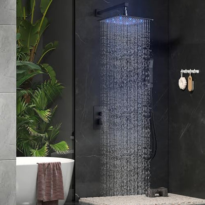 Aolemi Shower Faucet Set with Valve Handheld 10" LED Head Matte Black | Handheld Spray,10 Inch Rain LED Head,Valve and Trim Kit,All Metal,Wall Mount Shower System,Bathroom Mixer - color: Black, size: 10 Inch LED Shower Head