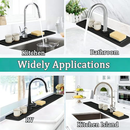 24'' Longer Kitchen Faucet Mat, Silicone Sink Splash Guard Drying Mat with 5° Slope & Cuttable Hole, Fast Draining Catcher Tray Dish Soap Sponge Holder for Kitchen Sink (Black, 24"x 5.5")