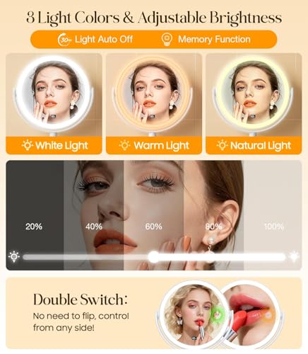 Gospire No-Drill Wall Mounted Lighted Makeup Mirror with Magnification 10X | LED Display & Hooks, 7 Inch Rechargeable Magnifying Vanity Mirror with Lights, 3 Color Dimmable Lights, LED Bathroom Mirrors