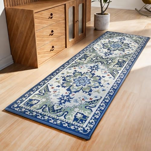 AREDO Runner Rug with Non Slip Rubber Backing, Washable Soft Floor Carpet for Kitchen, Hallway, Entryway Indoor, Bedroom, Laundry, Low Pile Area Rugs, Geometric Floral, Blue Pattern, 2' * 6' - color: Blue Pattern, size: 6' x 2' (Runner)