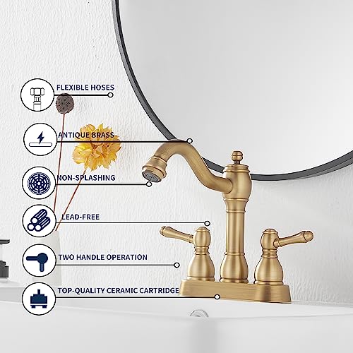 Antique Brass Bathroom Faucet 2 Handles 4 Inches Centerset RV Bathroom Vanity Faucet with Drain Assembly and Supply Hose Lavatory Faucet - color: Antique Brass, size: Centerset