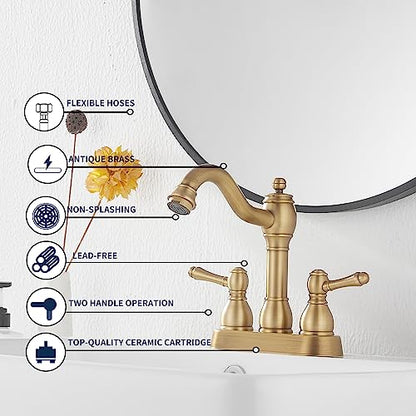 Antique Brass Bathroom Faucet 2 Handles 4 Inches Centerset RV Bathroom Vanity Faucet with Drain Assembly and Supply Hose Lavatory Faucet - color: Antique Brass, size: Centerset