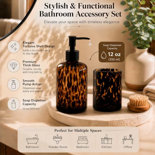 Tortoise Shell Bathroom Accessories | Tortoise Shell Soap Dispenser with Toothbrush Holder | Leopard & Cheetah Bathroom Accessories | Brown Bathroom Decor | Amber Glass Soap Dispenser with Black Pump