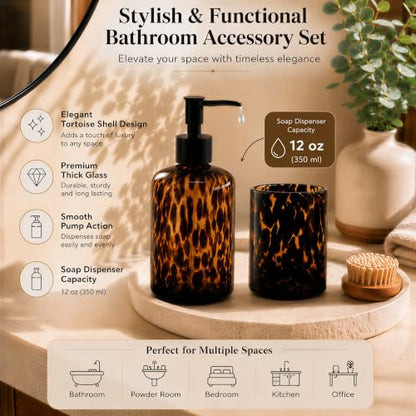 Tortoise Shell Bathroom Accessories | Tortoise Shell Soap Dispenser with Toothbrush Holder | Leopard & Cheetah Bathroom Accessories | Brown Bathroom Decor | Amber Glass Soap Dispenser with Black Pump