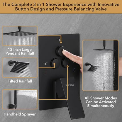 VANFOXLE Shower Faucet Set Matte Black Shower System, Push Button Diverter | 12 Inch Ceiling Mount Rain Head Increased Thick, 6 Inch Wall Mount Head, 2-in-1 Handheld Sprayer, Solid Brass Valve, Modern - color: Matte Black, style: 12"+6" Head