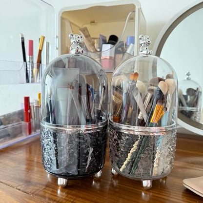 Dezzer Makeup Brush Holder with Lid, 360 Rotating Dustproof Make Up Organizers, 6 Slot Make up Brush Holder for Vanity Bathroom Countertop Office, Clear - size: 4.8x9.8 inch-Clear