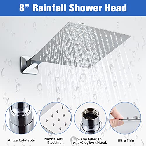 Shower System, Shower Faucet Set Complete Square Rain Shower Combo Set with 8 inch Rainfall Shower Head System Bathroom Wall Mounted 3-Setting Handheld Shower,Chrome - color: Chrome, style: 8 Inch With 3-Setting