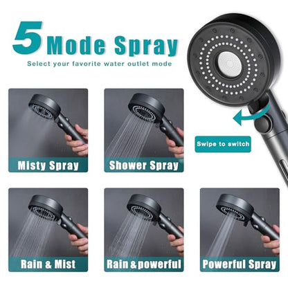 Handheld Filter RV Shower Head with Stainless Steel Shower Hose | ON OFF Switch,5 Mode High Pressure Spray,for RV,Camper,Bathroom,with No Drilling Wall Mount Adhesive Shower Holder