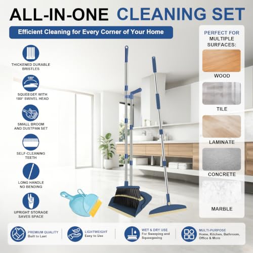 Broom and Dustpan Combo Set, 51" Long Handle with Squeegee & Mini Set | Blue Complete Cleaning Kit, Floor Squeegee for Wet & Dry Messes, Built-in Comb Dustpan, Mini Broom Set，for Home & Pet Areas - color: Blue