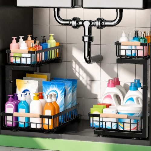 Under Sink Organizer 2 Pack, Double Slide Out Metal Shelf, Black | Pull Out Kitchen Storage Cabinet Organizer, 2-Tier Under Sink Storage Rack for Bathroom Laundry Kitchen Storage with Drawer - color: Black