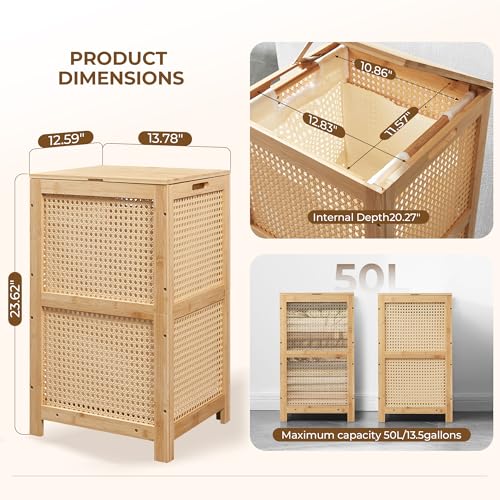 TIOPGHAD Bamboo Wicker Laundry Hamper with Lid, 13 Gal, Natural | Woven wicker, bamboo frame, removable cloth bag, wooden handles, lidded rectangular design, 13.8 x 12.6 x 23.6 in