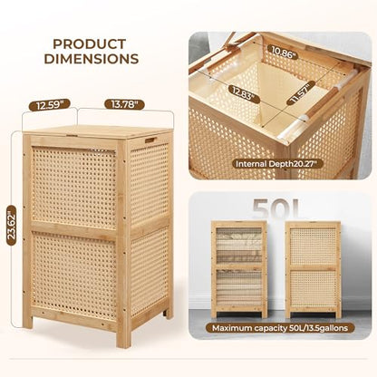 TIOPGHAD Bamboo Wicker Laundry Hamper with Lid, 13 Gal, Natural | Woven wicker, bamboo frame, removable cloth bag, wooden handles, lidded rectangular design, 13.8 x 12.6 x 23.6 in