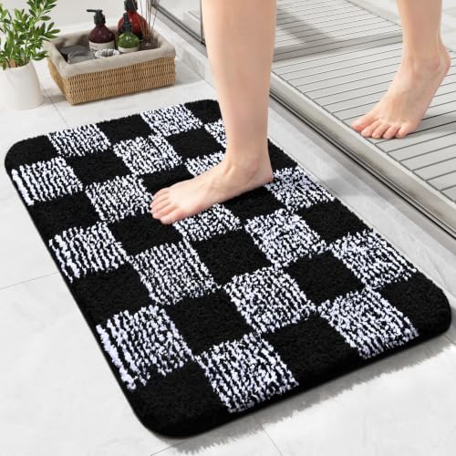LOCHAS Bathroom Rugs 24×17, Checkered Bath Mat Non Slip, Black | Rubber Backing Absorbent Machine Washable, Microfiber Carpet for Kitchen Bedroom Entryway - color: Black, size: 24" x 17"