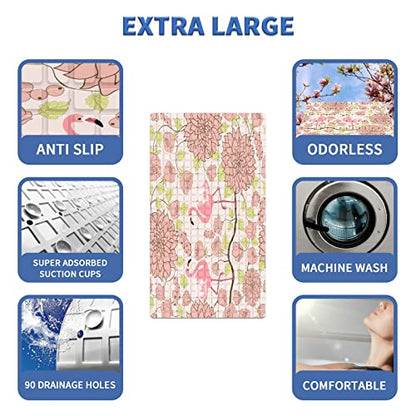 FCZ Bath Tub Mat Non Slip Shower Mat Retro Pink Flamingo Floral 26.8x15 inches Rectangular PVC Mat with Suction Cups Drain Holes Machine Washable - color: Retro Pink Flamingo Floral