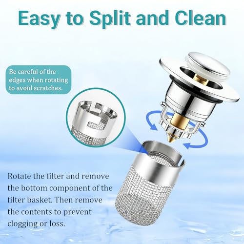 Bathroom Sink Drain Strainer Pop-Up Sink Stopper, Silver, 2Pcs | Hair Catcher Anti-Clog with Removable Stainless Steel Filter Basket, Universal for US Standard Drain Stopper Replacement