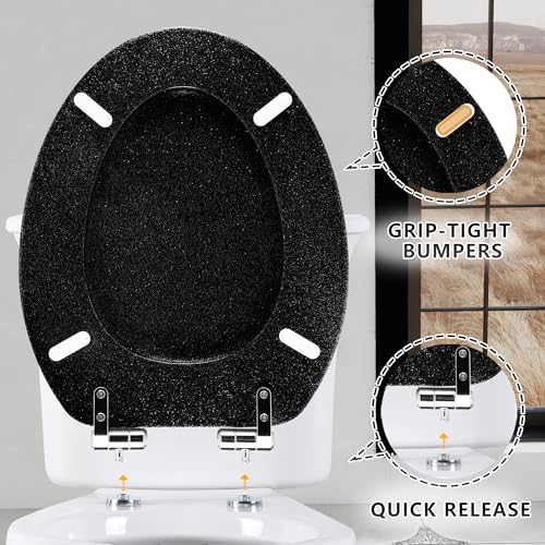 Angol Shiold Glitter Toilet Seat Molded Wood Elongated Toilet Seat with Quietly Close and Quick Release Hinges, Easy to Install also Easy to Clean (Elongated 18.5'', Black) - color: Black, size: Elongated 18.5‘’