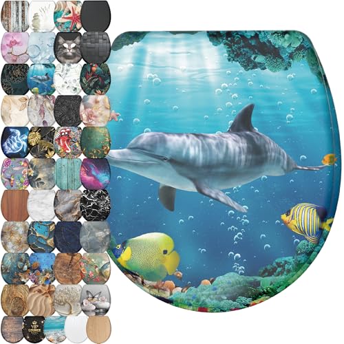 Sanilo Wooden Toilet Seat with Quick Release & Soft Close [ROUND] - Decorative & Slow Close Molded Wood Seat - With One Click for Easy Installation & Cleaning - With Adjustable Fit (Dolphin) - color: Dolphin
